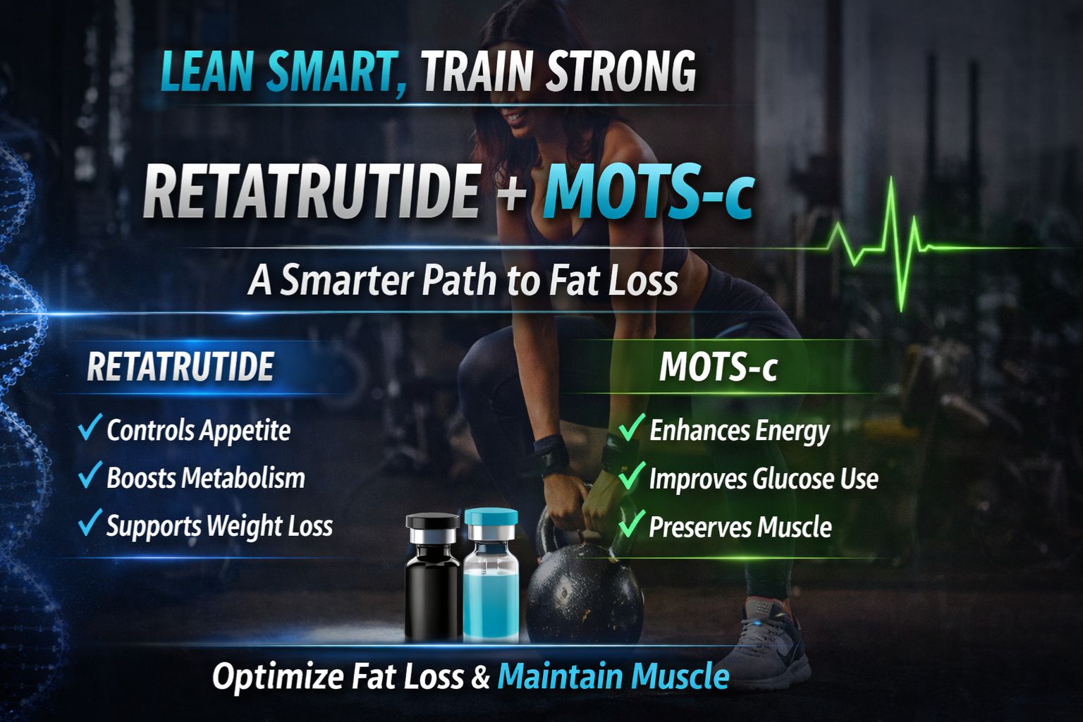 Retatrutide plus MOTS-c hero banner representing appetite control, metabolic efficiency, and lean muscle support